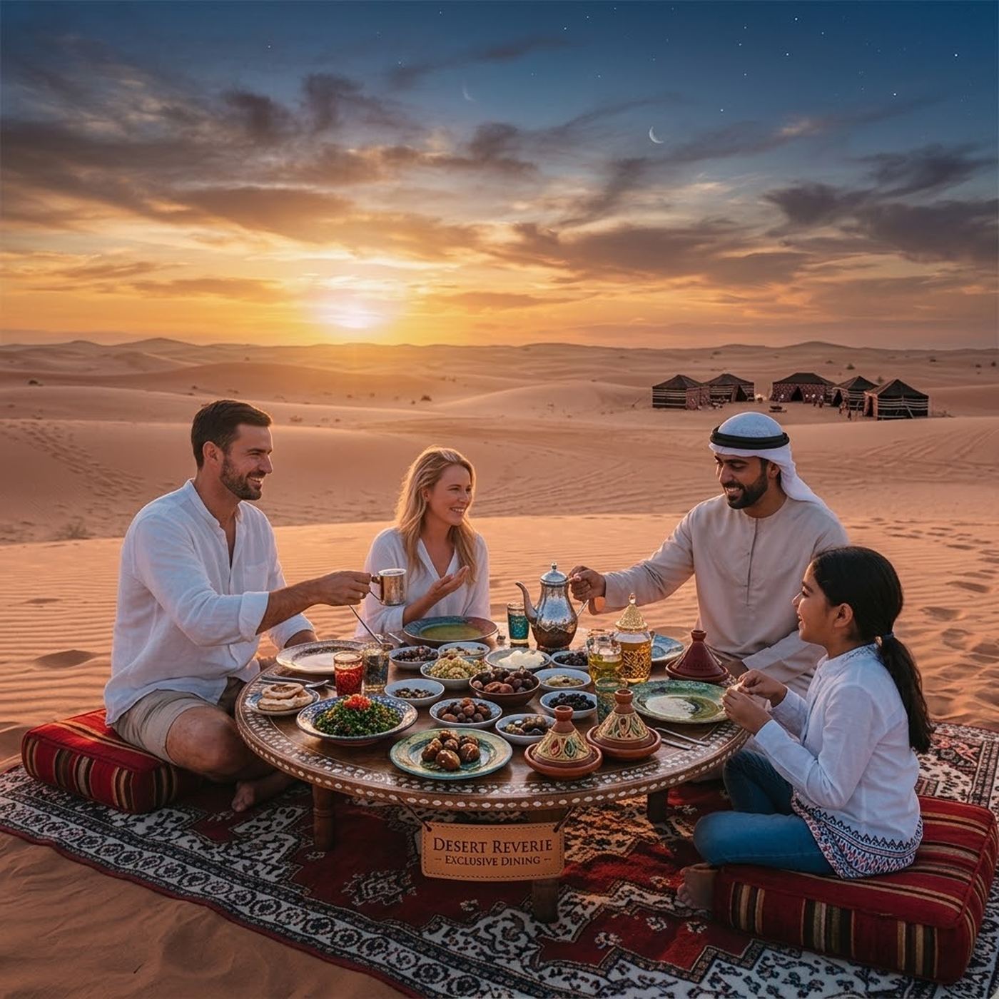 Traditional Arabic dinner spread in the desert