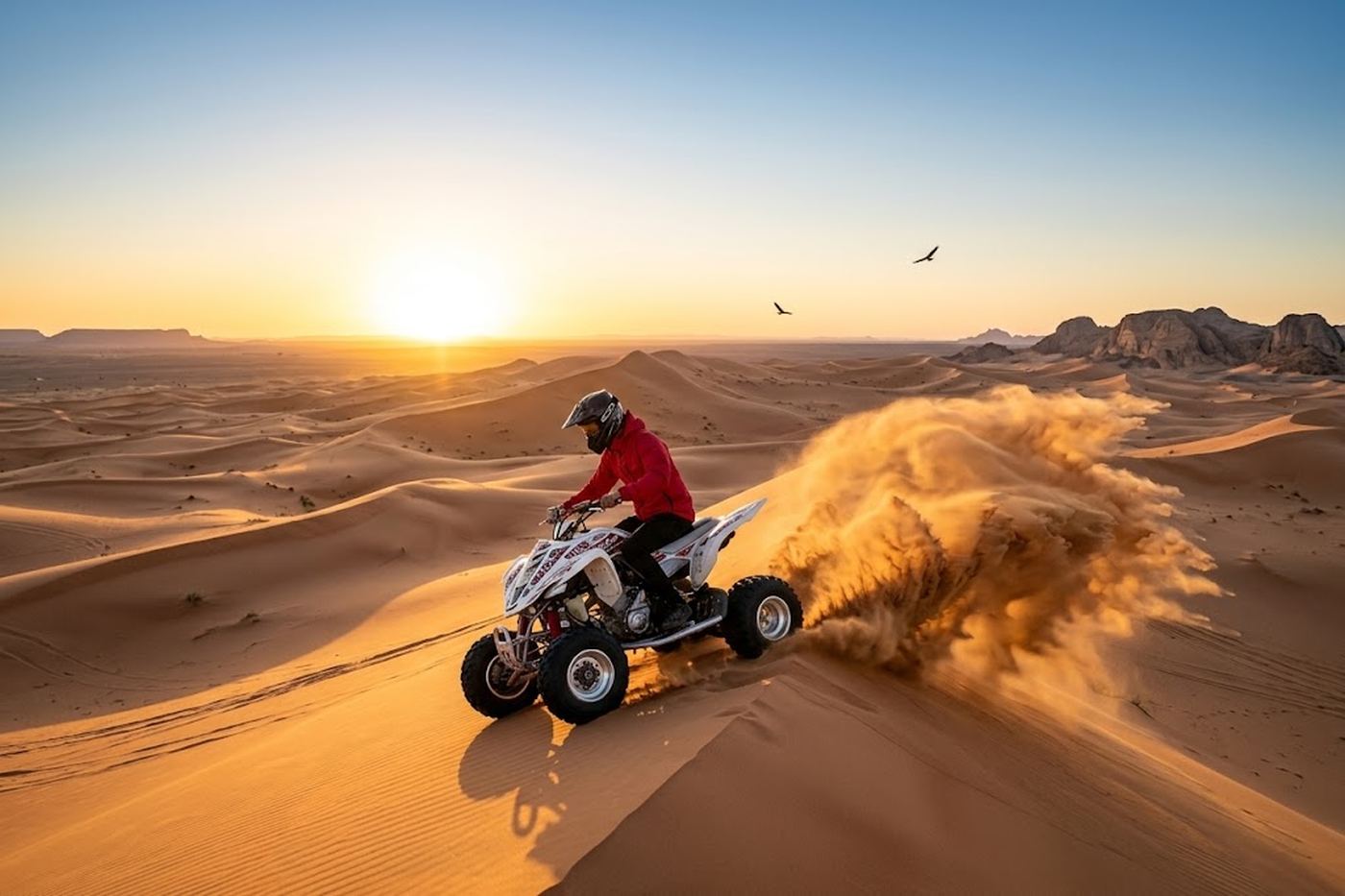 Quad bike riding across the dunes at sunset