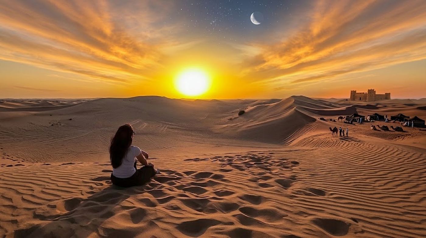 Woman watching sunrise over the desert dunes